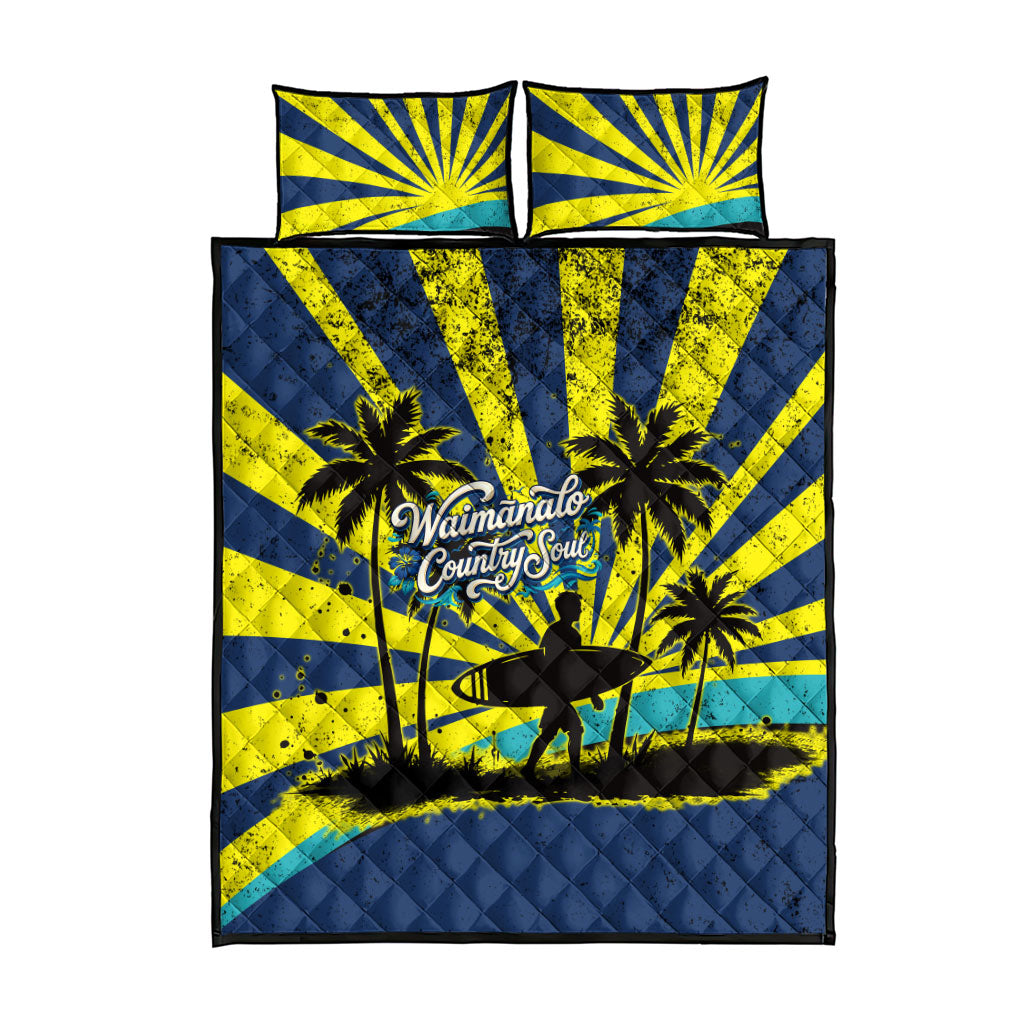 Waimanalo Oahu Hawaii Surfing Quilt Bed Set Tropical Beach Retro Sunburst Surfboard