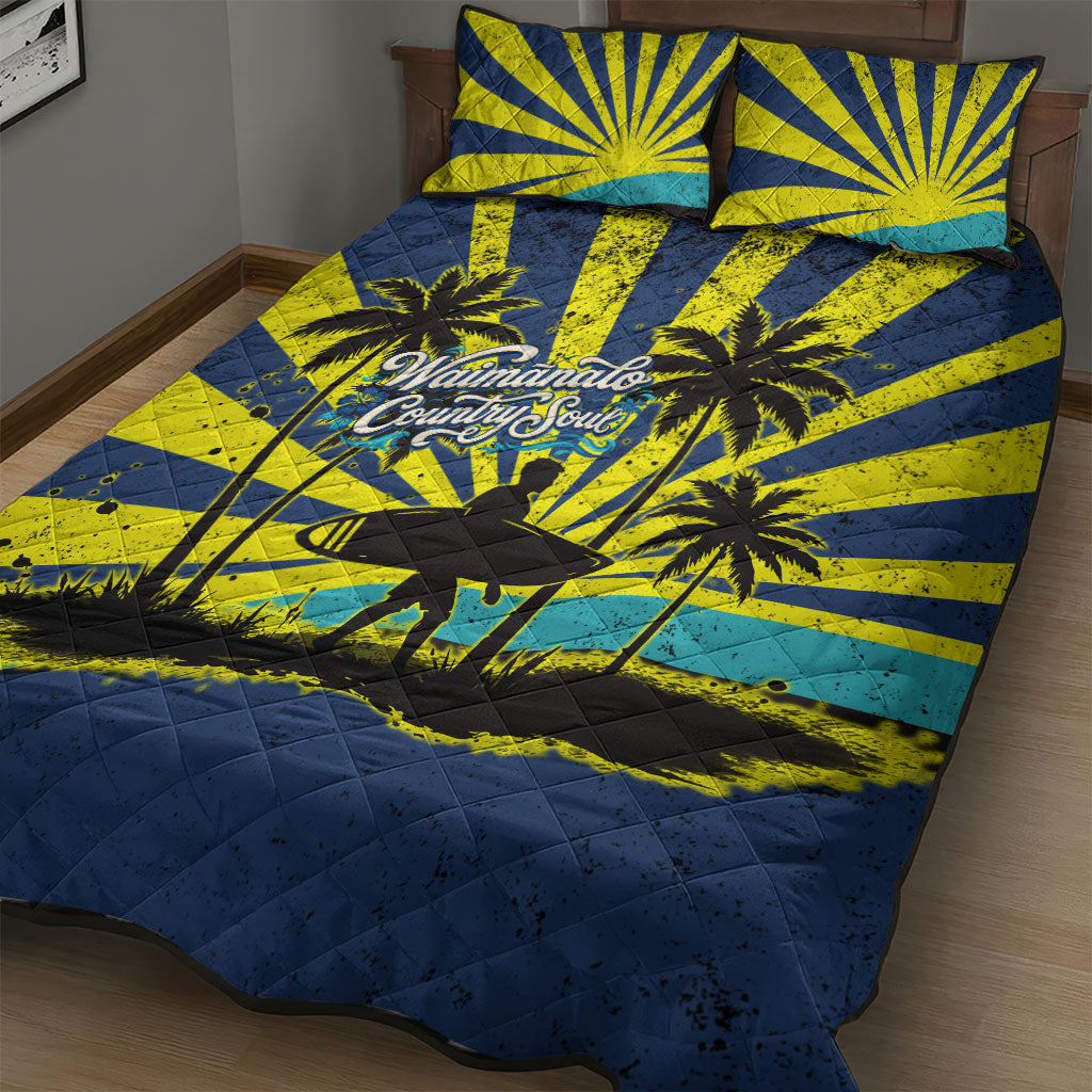 Waimanalo Oahu Hawaii Surfing Quilt Bed Set Tropical Beach Retro Sunburst Surfboard