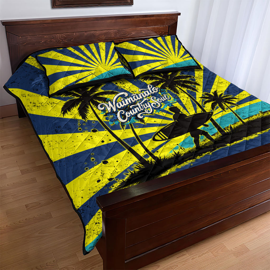 Waimanalo Oahu Hawaii Surfing Quilt Bed Set Tropical Beach Retro Sunburst Surfboard