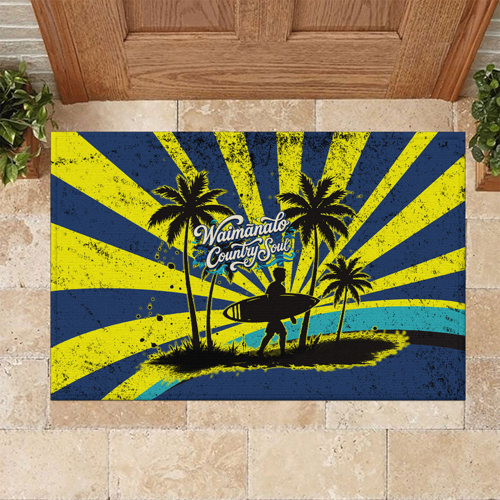 Waimanalo Oahu Hawaii Surfing Rubber Doormat Tropical Beach Retro Sunburst Surfboard