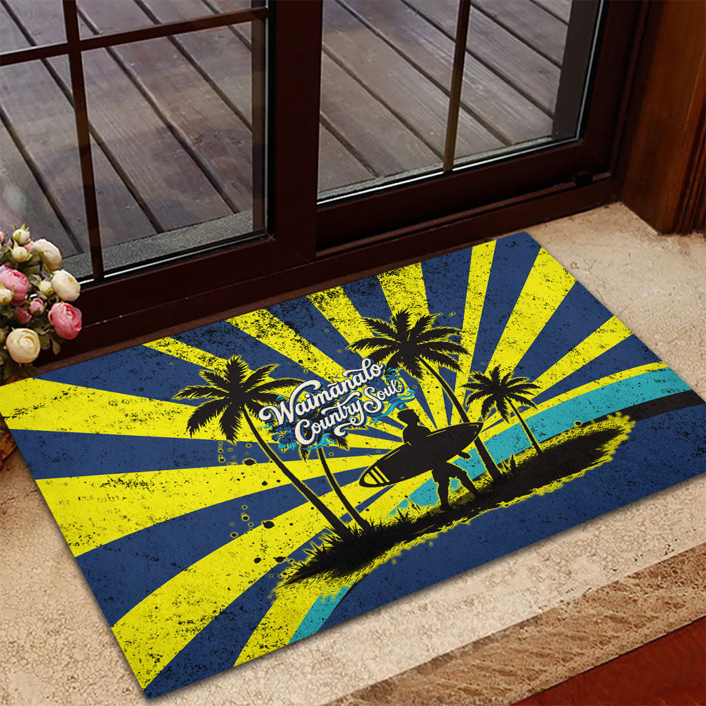 Waimanalo Oahu Hawaii Surfing Rubber Doormat Tropical Beach Retro Sunburst Surfboard