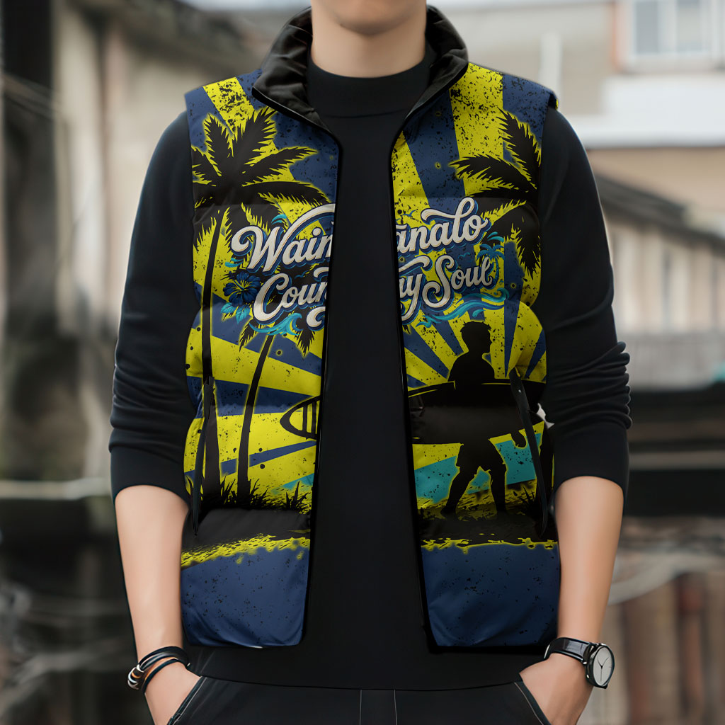 Waimanalo Oahu Hawaii Surfing Sleeveless Puffer Jacket Tropical Beach Retro Sunburst Surfboard
