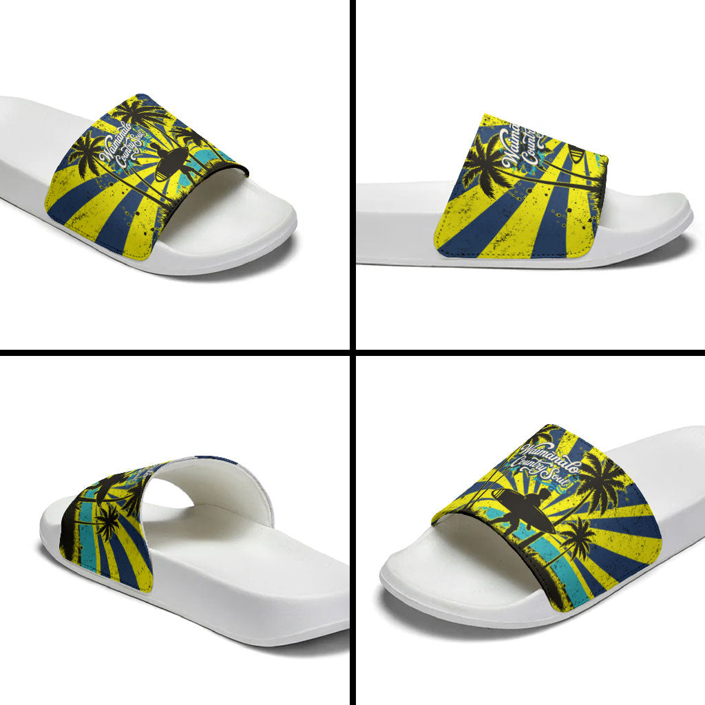 Waimanalo Oahu Hawaii Surfing Slide Sandals Tropical Beach Retro Sunburst Surfboard