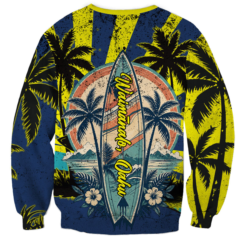 Waimanalo Oahu Hawaii Surfing Sweatshirt Tropical Beach Retro Sunburst Surfboard