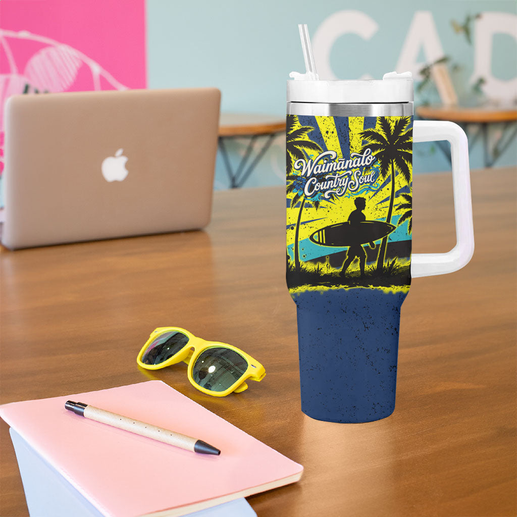 Waimanalo Oahu Hawaii Surfing Tumbler With Handle Tropical Beach Retro Sunburst Surfboard