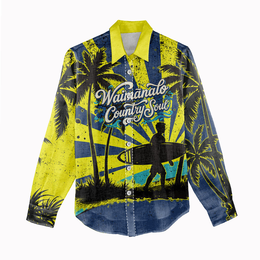Waimanalo Oahu Hawaii Surfing Women Casual Shirt Tropical Beach Retro Sunburst Surfboard