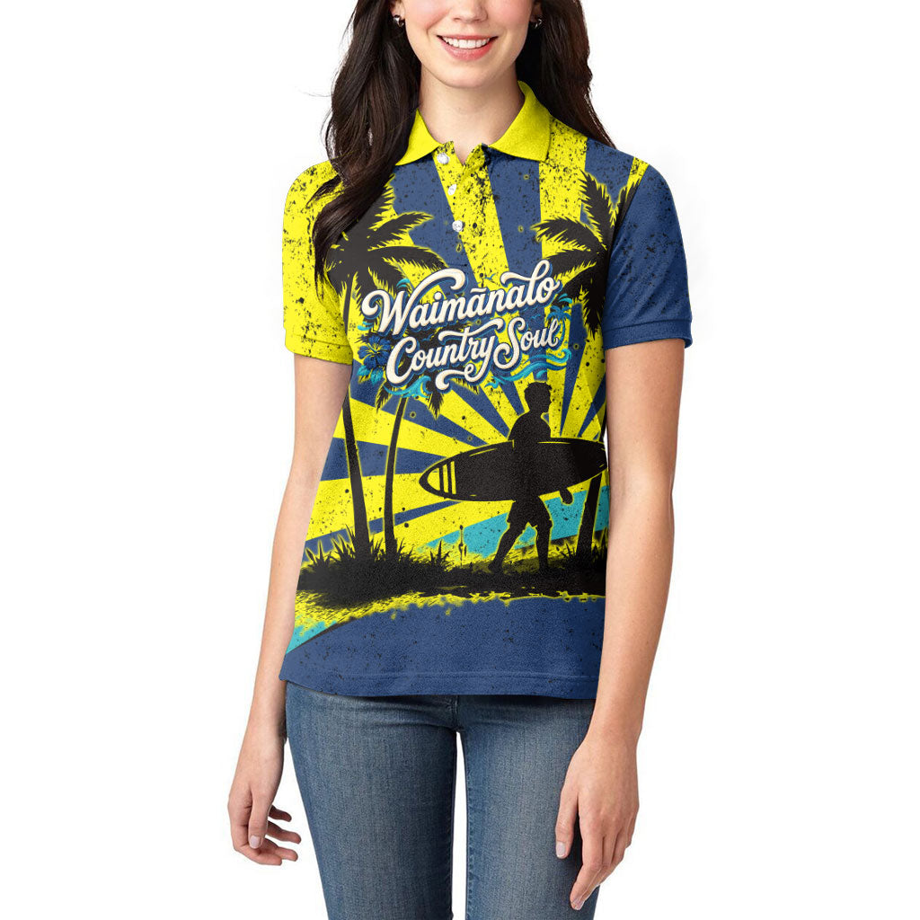 Waimanalo Oahu Hawaii Surfing Women Polo Shirt Tropical Beach Retro Sunburst Surfboard