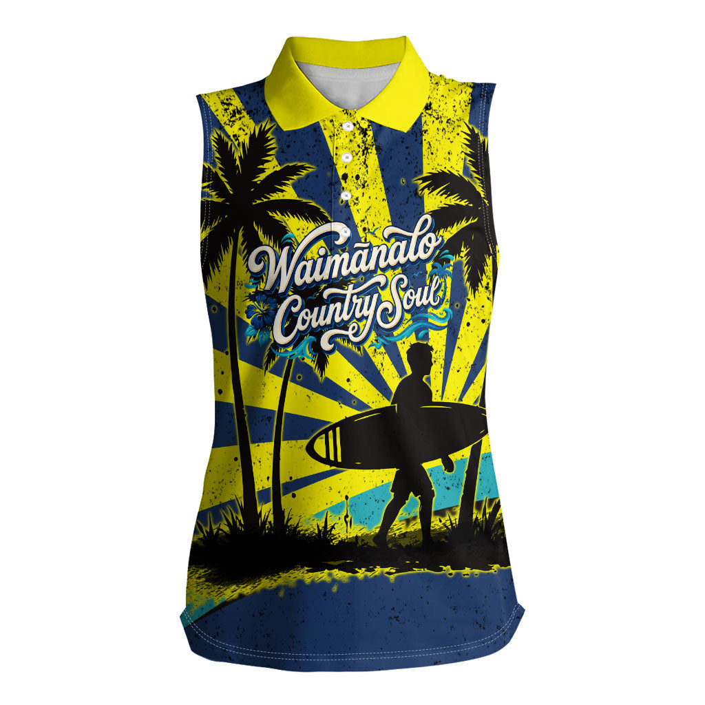 Waimanalo Oahu Hawaii Surfing Women Sleeveless Polo Shirt Tropical Beach Retro Sunburst Surfboard