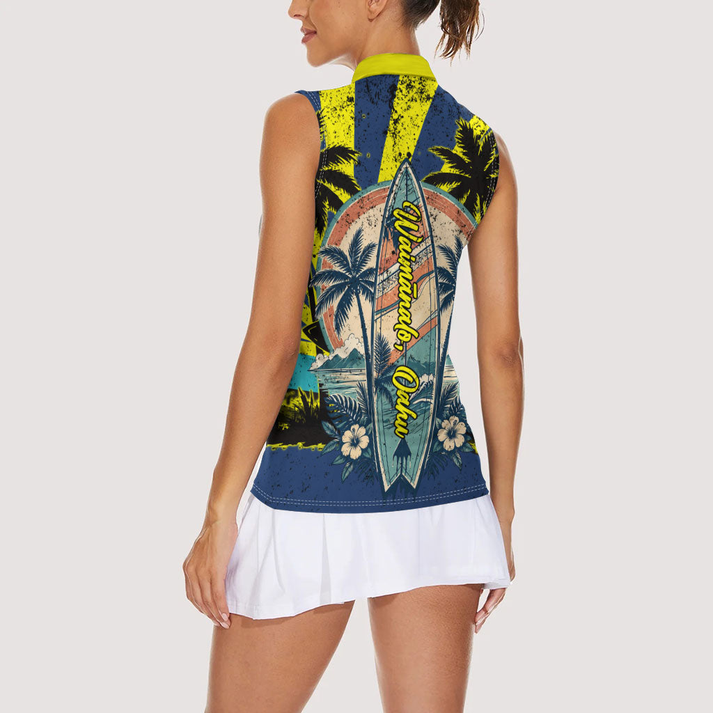 Waimanalo Oahu Hawaii Surfing Women Sleeveless Polo Shirt Tropical Beach Retro Sunburst Surfboard