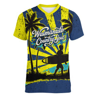 Waimanalo Oahu Hawaii Surfing Women V-Neck T-Shirt Tropical Beach Retro Sunburst Surfboard