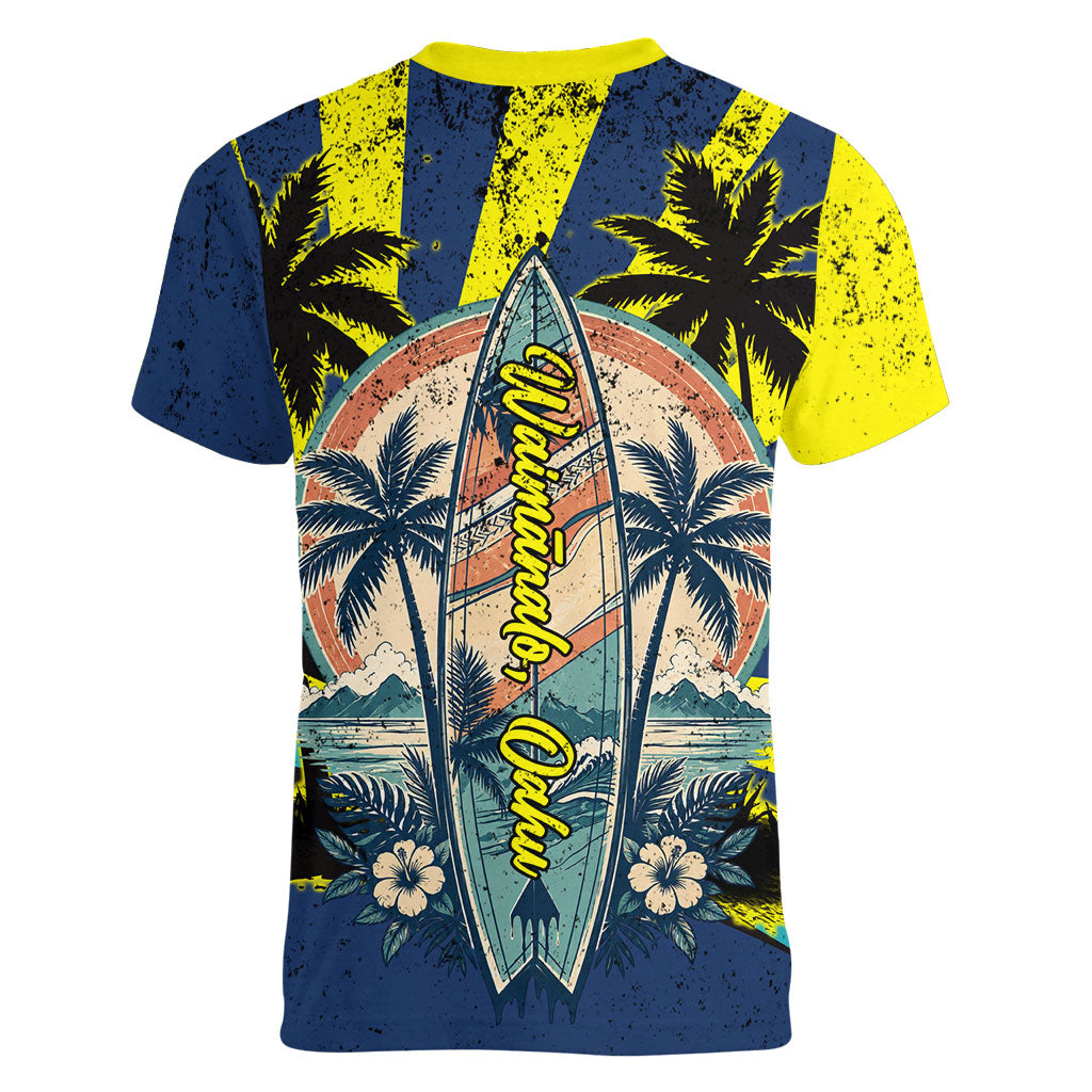 Waimanalo Oahu Hawaii Surfing Women V-Neck T-Shirt Tropical Beach Retro Sunburst Surfboard