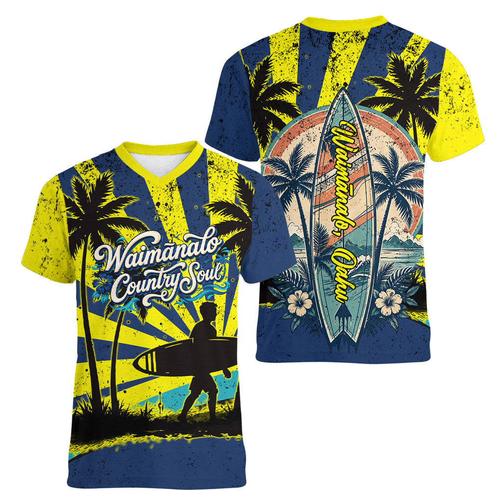 Waimanalo Oahu Hawaii Surfing Women V-Neck T-Shirt Tropical Beach Retro Sunburst Surfboard