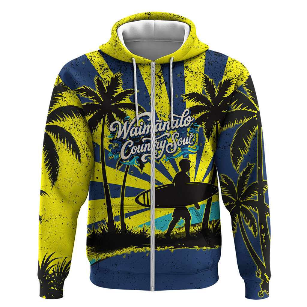 Waimanalo Oahu Hawaii Surfing Zip Hoodie Tropical Beach Retro Sunburst Surfboard TS04 Zip Hoodie Yellow Blue - Polynesian Pride