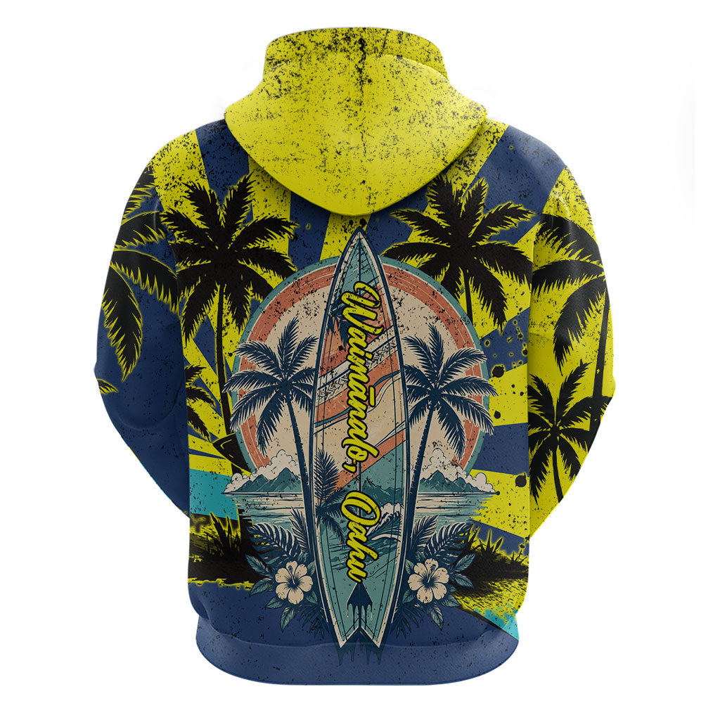 Waimanalo Oahu Hawaii Surfing Zip Hoodie Tropical Beach Retro Sunburst Surfboard