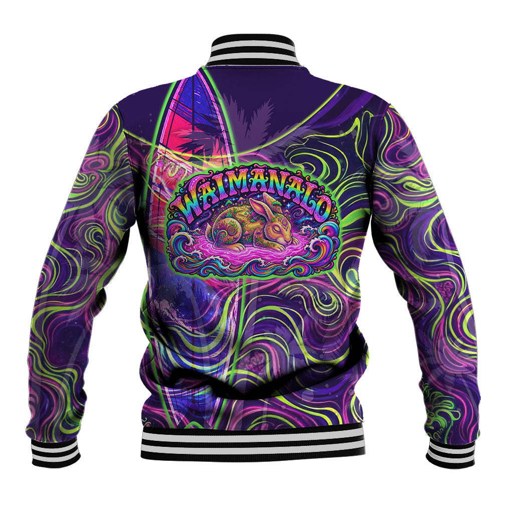 Waimanalo Hawaii Sun Rabbit Baseball Jacket Psychedelic Trippy Neon Swirl Graphic