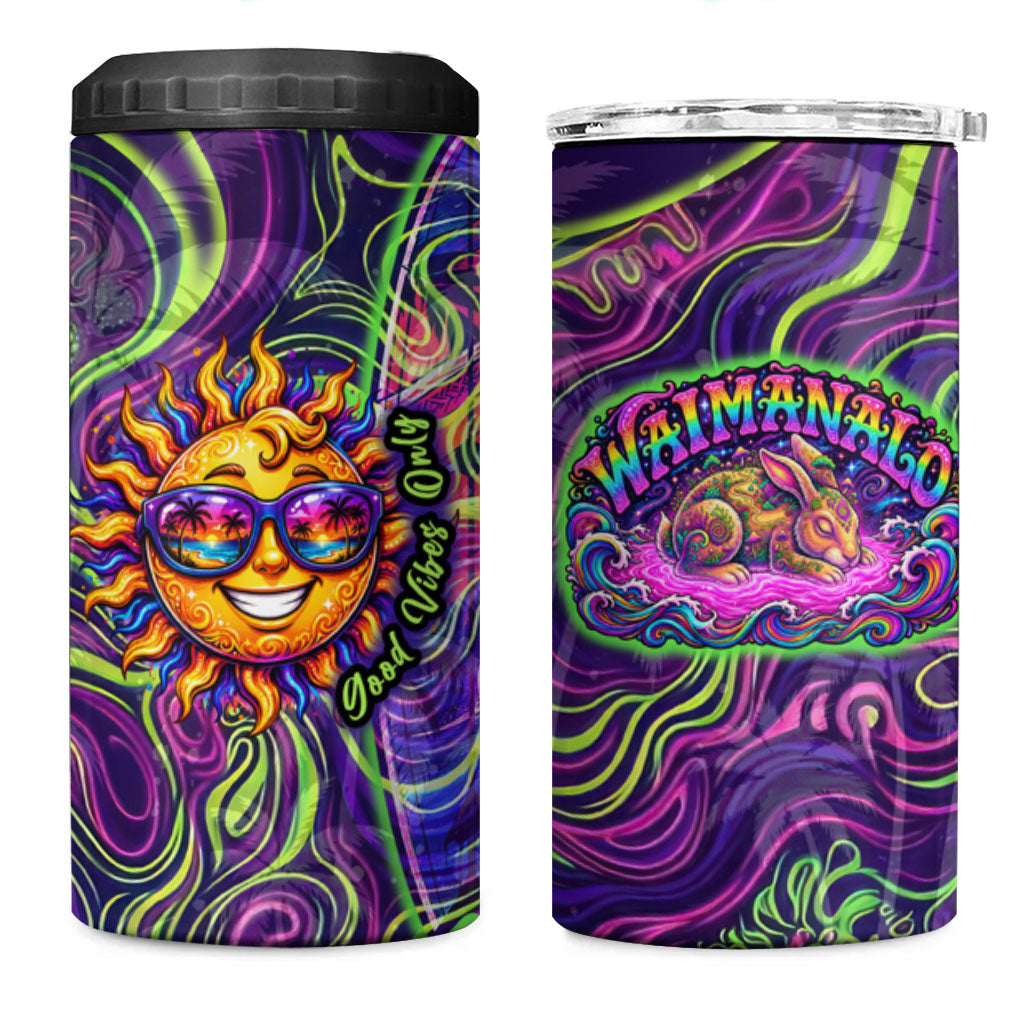Waimanalo Hawaii Sun Rabbit 4 in 1 Can Cooler Tumbler Psychedelic Trippy Neon Swirl Graphic