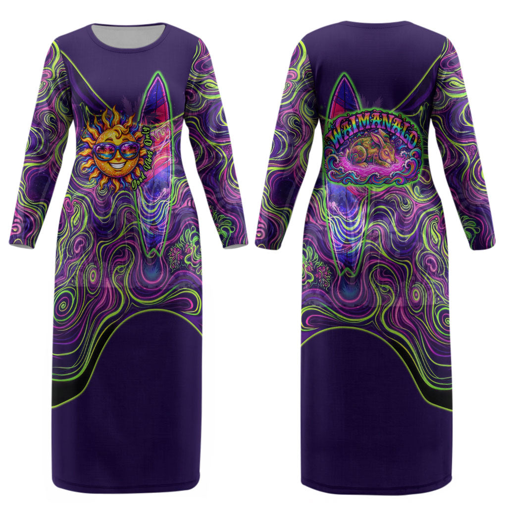 Waimanalo Hawaii Sun Rabbit Couples Matching Long Sleeve Bodycon Dress and Hawaiian Shirt Psychedelic Trippy Neon Swirl Graphic