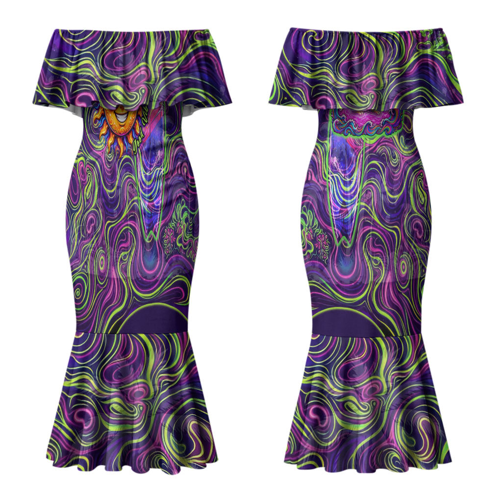 Waimanalo Hawaii Sun Rabbit Couples Matching Mermaid Dress and Long Sleeve Button Shirt Psychedelic Trippy Neon Swirl Graphic
