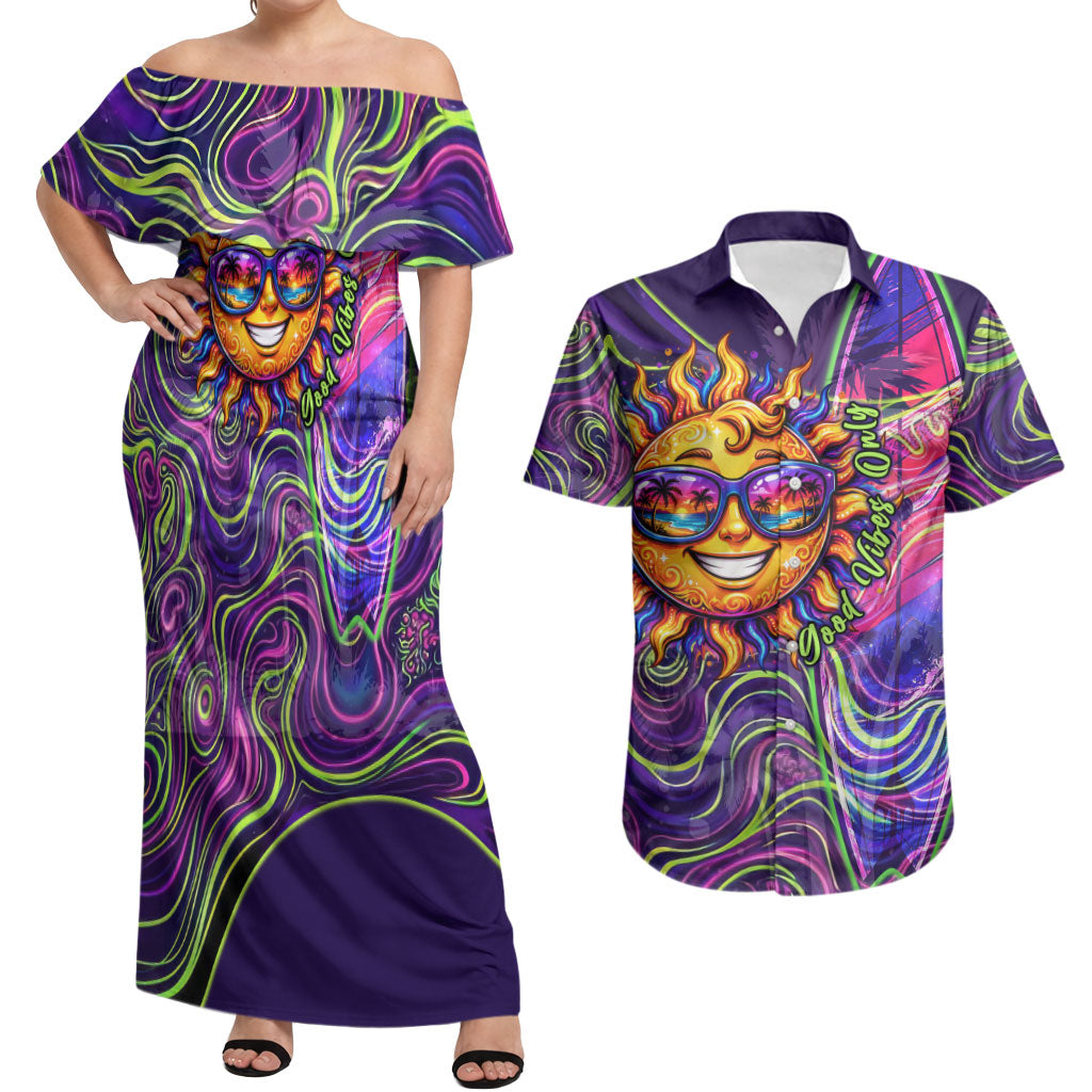 Waimanalo Hawaii Sun Rabbit Couples Matching Off Shoulder Maxi Dress and Hawaiian Shirt Psychedelic Trippy Neon Swirl Graphic
