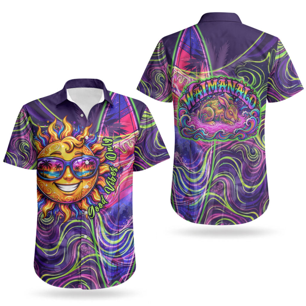 Waimanalo Hawaii Sun Rabbit Couples Matching Off Shoulder Maxi Dress and Hawaiian Shirt Psychedelic Trippy Neon Swirl Graphic