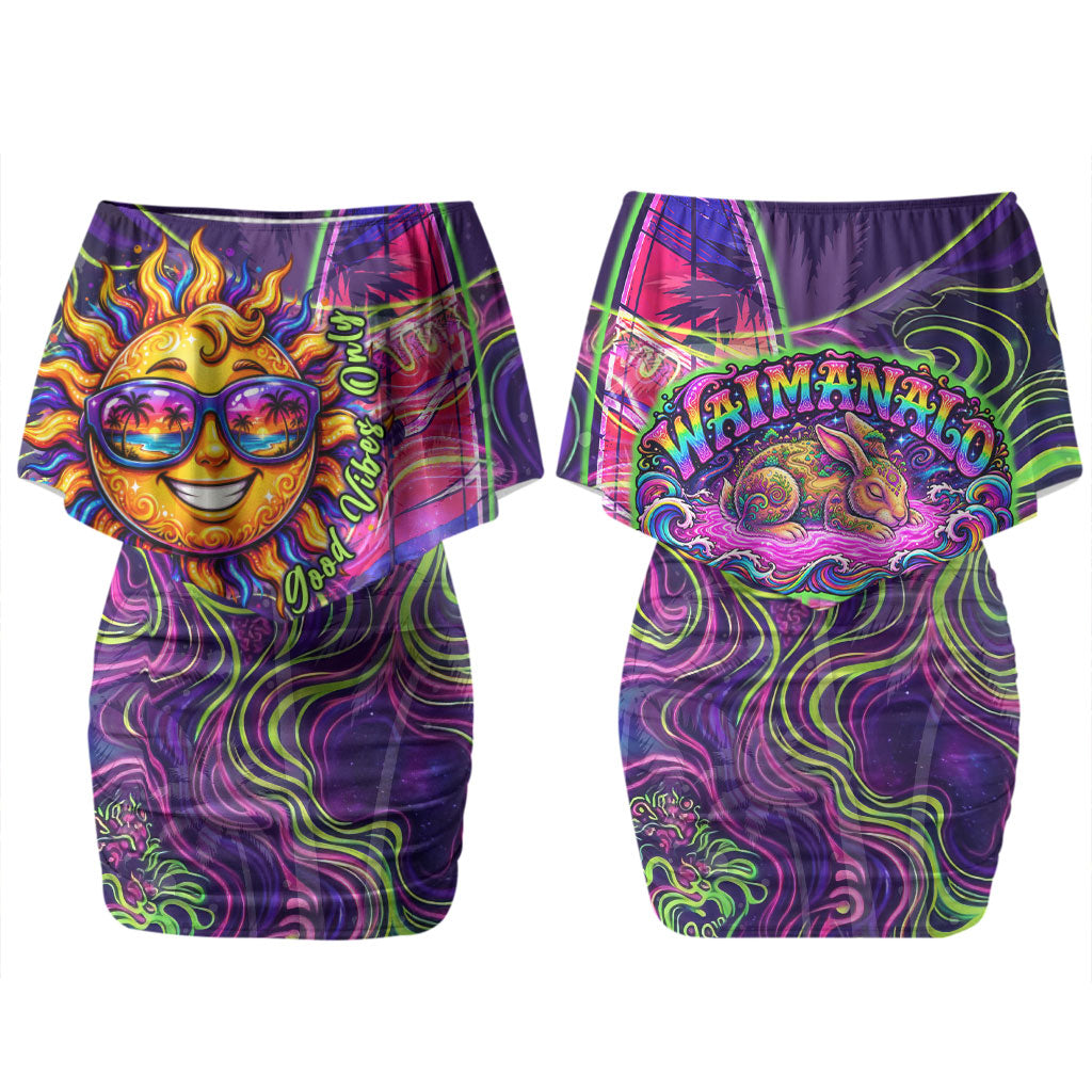 Waimanalo Hawaii Sun Rabbit Couples Matching Off Shoulder Short Dress and Long Sleeve Button Shirt Psychedelic Trippy Neon Swirl Graphic