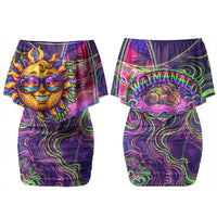 Waimanalo Hawaii Sun Rabbit Couples Matching Off Shoulder Short Dress and Long Sleeve Button Shirt Psychedelic Trippy Neon Swirl Graphic