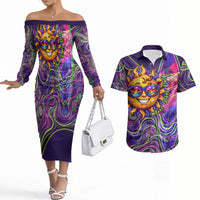 Waimanalo Hawaii Sun Rabbit Couples Matching Off The Shoulder Long Sleeve Dress and Hawaiian Shirt Psychedelic Trippy Neon Swirl Graphic