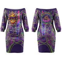Waimanalo Hawaii Sun Rabbit Couples Matching Off The Shoulder Long Sleeve Dress and Long Sleeve Button Shirt Psychedelic Trippy Neon Swirl Graphic