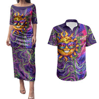 Waimanalo Hawaii Sun Rabbit Couples Matching Puletasi and Hawaiian Shirt Psychedelic Trippy Neon Swirl Graphic