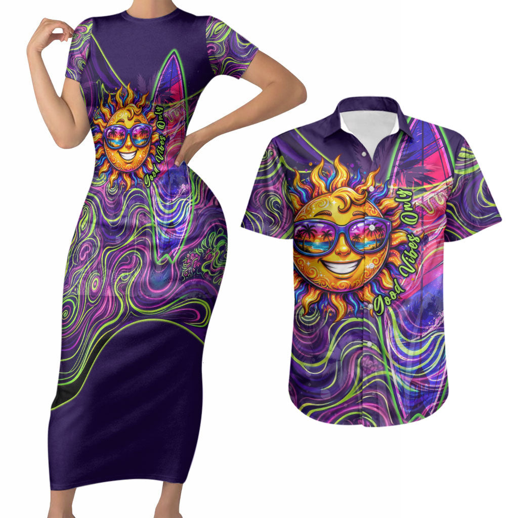 Waimanalo Hawaii Sun Rabbit Couples Matching Short Sleeve Bodycon Dress and Hawaiian Shirt Psychedelic Trippy Neon Swirl Graphic
