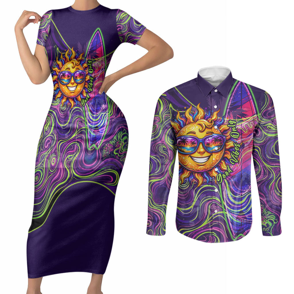 Waimanalo Hawaii Sun Rabbit Couples Matching Short Sleeve Bodycon Dress and Long Sleeve Button Shirt Psychedelic Trippy Neon Swirl Graphic