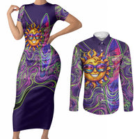 Waimanalo Hawaii Sun Rabbit Couples Matching Short Sleeve Bodycon Dress and Long Sleeve Button Shirt Psychedelic Trippy Neon Swirl Graphic