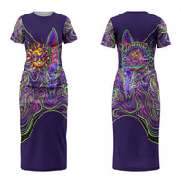 Waimanalo Hawaii Sun Rabbit Couples Matching Short Sleeve Bodycon Dress and Long Sleeve Button Shirt Psychedelic Trippy Neon Swirl Graphic