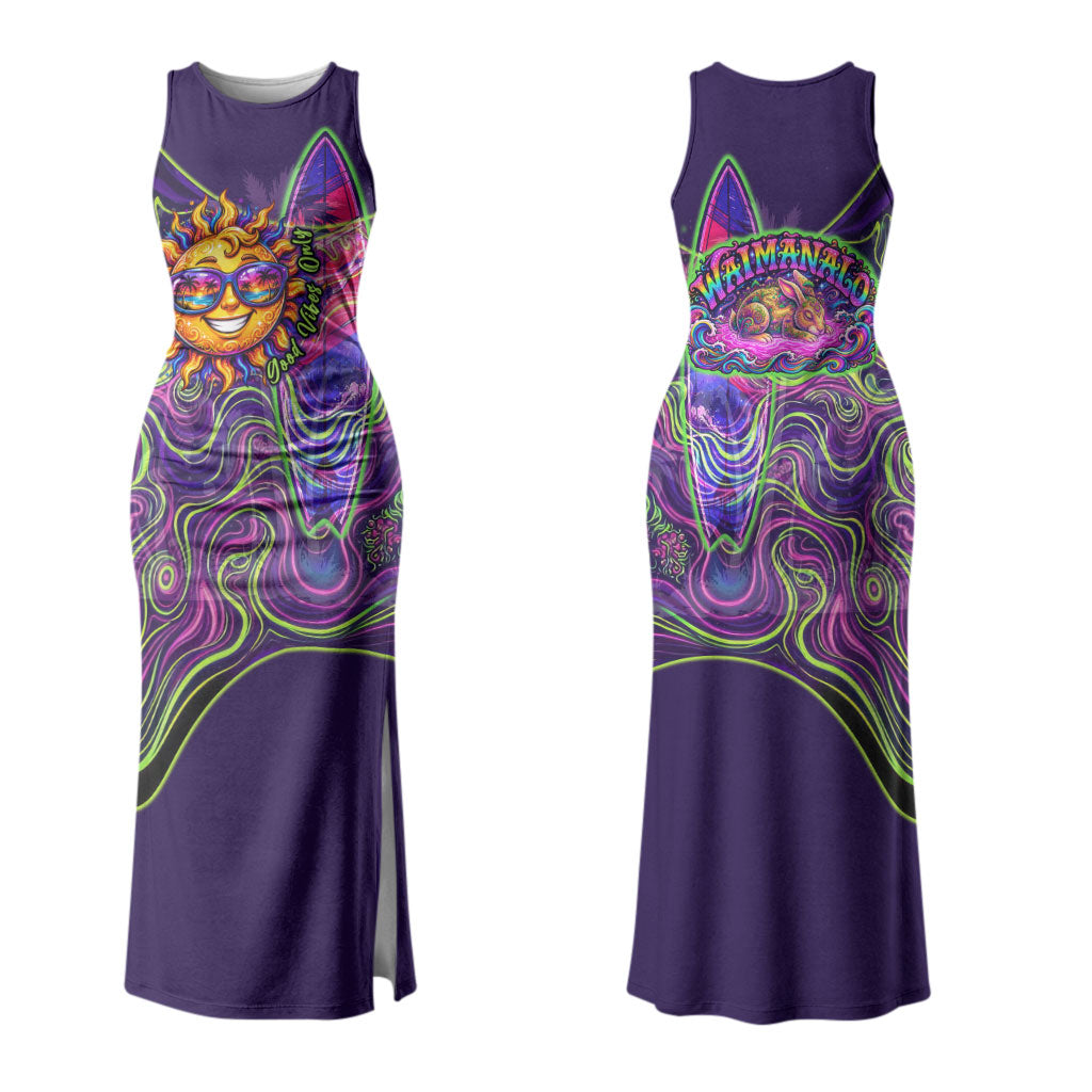 Waimanalo Hawaii Sun Rabbit Couples Matching Tank Maxi Dress and Hawaiian Shirt Psychedelic Trippy Neon Swirl Graphic