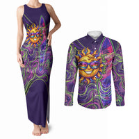 Waimanalo Hawaii Sun Rabbit Couples Matching Tank Maxi Dress and Long Sleeve Button Shirt Psychedelic Trippy Neon Swirl Graphic