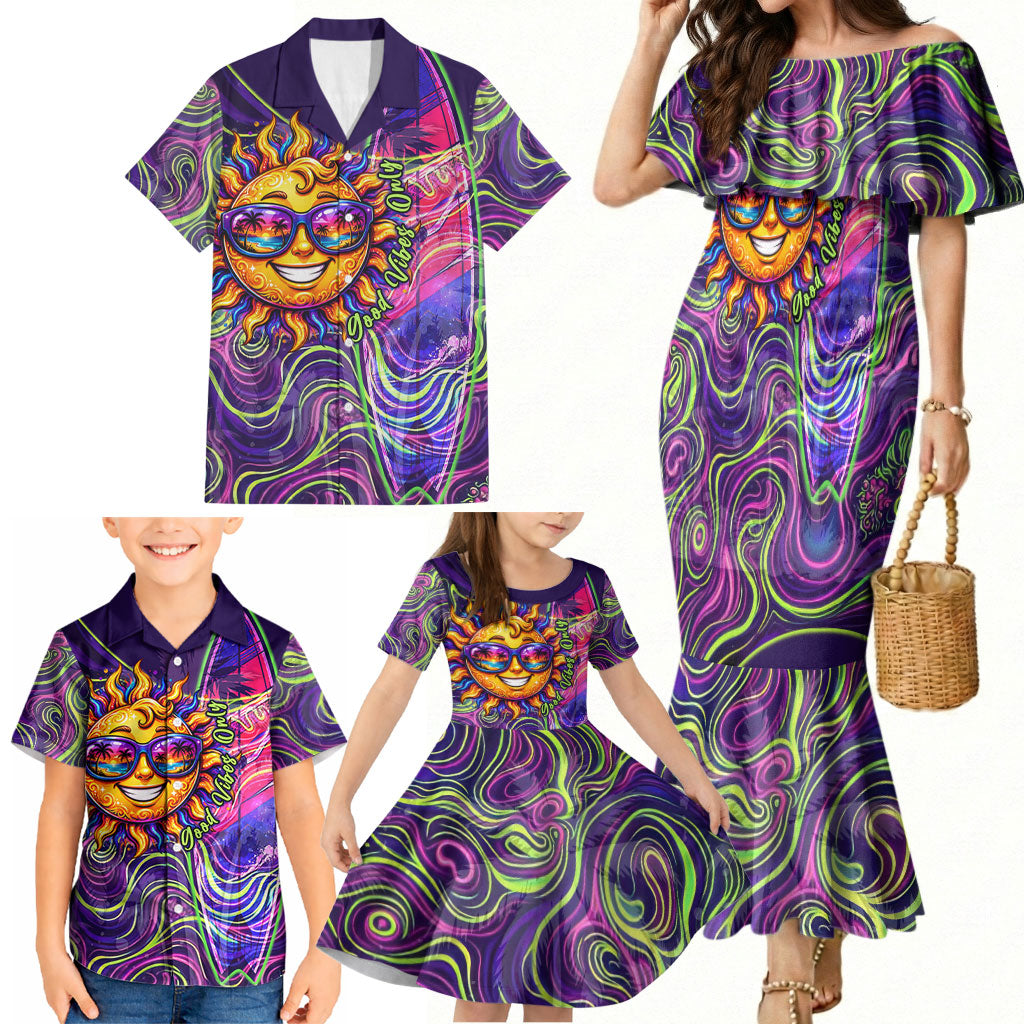 Waimanalo Hawaii Sun Rabbit Family Matching Mermaid Dress and Hawaiian Shirt Psychedelic Trippy Neon Swirl Graphic