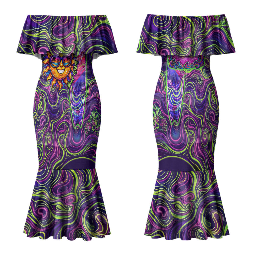 Waimanalo Hawaii Sun Rabbit Family Matching Mermaid Dress and Hawaiian Shirt Psychedelic Trippy Neon Swirl Graphic