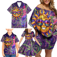 Waimanalo Hawaii Sun Rabbit Family Matching Off Shoulder Short Dress and Hawaiian Shirt Psychedelic Trippy Neon Swirl Graphic