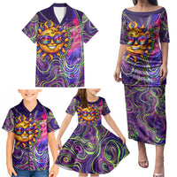 Waimanalo Hawaii Sun Rabbit Family Matching Puletasi and Hawaiian Shirt Psychedelic Trippy Neon Swirl Graphic