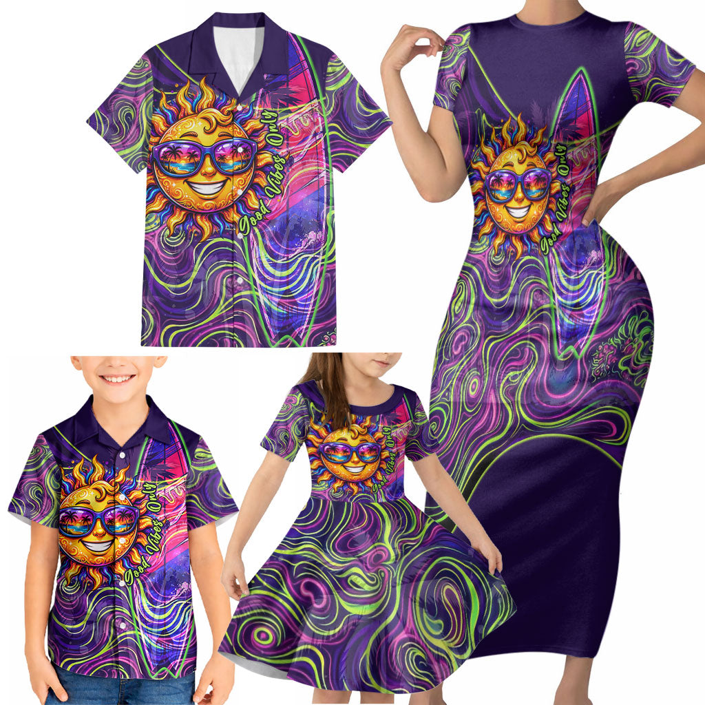 Waimanalo Hawaii Sun Rabbit Family Matching Short Sleeve Bodycon Dress and Hawaiian Shirt Psychedelic Trippy Neon Swirl Graphic TS04 - Polynesian Pride