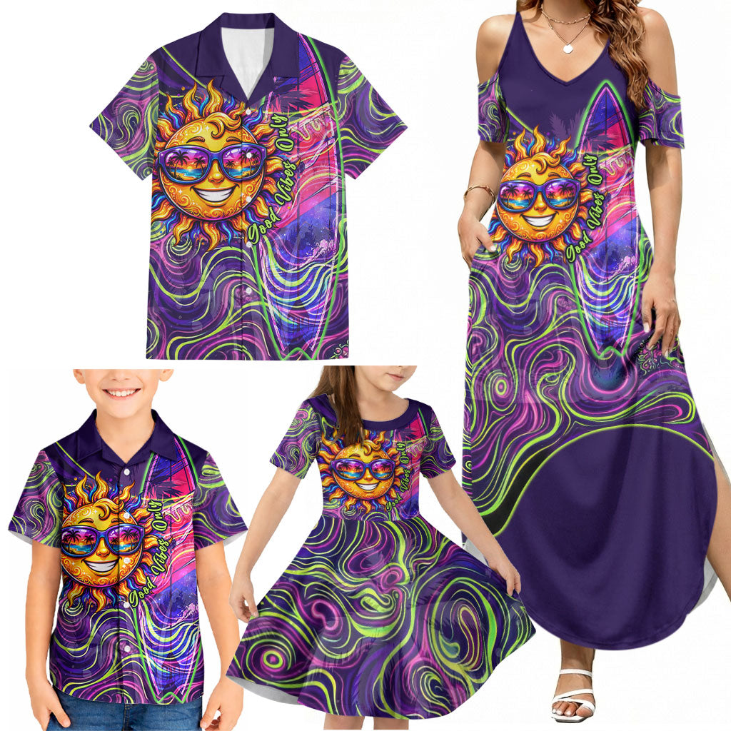 Waimanalo Hawaii Sun Rabbit Family Matching Summer Maxi Dress and Hawaiian Shirt Psychedelic Trippy Neon Swirl Graphic