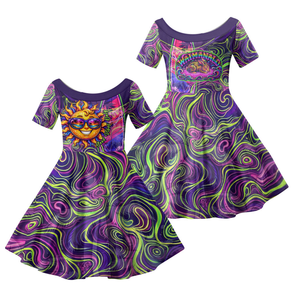 Waimanalo Hawaii Sun Rabbit Family Matching Summer Maxi Dress and Hawaiian Shirt Psychedelic Trippy Neon Swirl Graphic