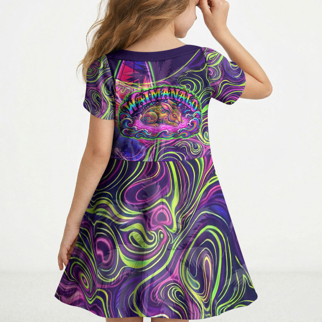 Waimanalo Hawaii Sun Rabbit Kid Short Sleeve Dress Psychedelic Trippy Neon Swirl Graphic