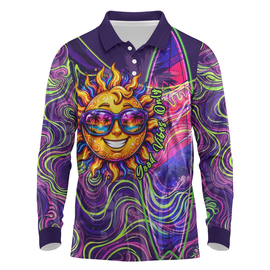 Waimanalo Hawaii Sun Rabbit Long Sleeve Polo Shirt Psychedelic Trippy Neon Swirl Graphic