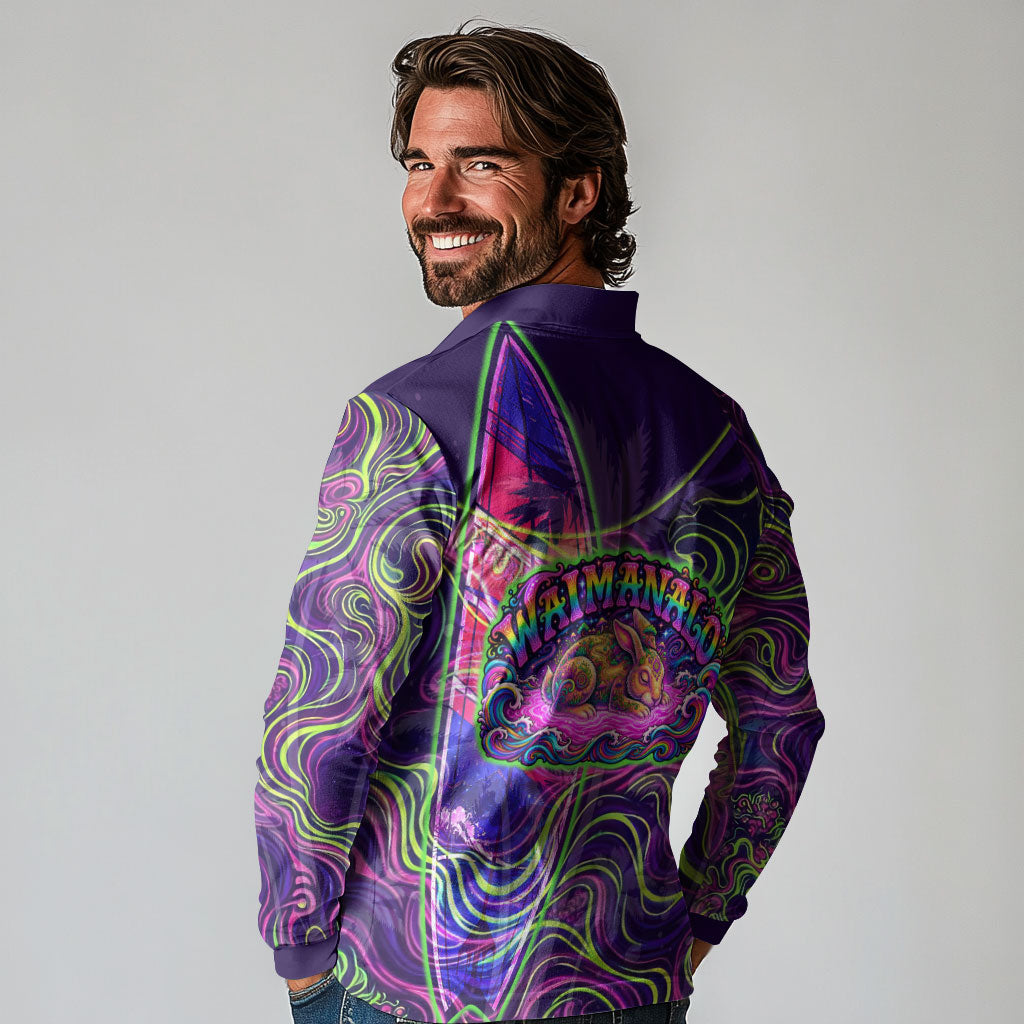 Waimanalo Hawaii Sun Rabbit Long Sleeve Polo Shirt Psychedelic Trippy Neon Swirl Graphic