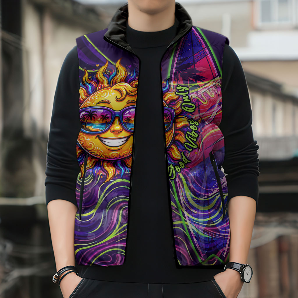 Waimanalo Hawaii Sun Rabbit Sleeveless Puffer Jacket Psychedelic Trippy Neon Swirl Graphic