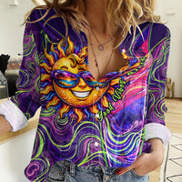 Waimanalo Hawaii Sun Rabbit Women Casual Shirt Psychedelic Trippy Neon Swirl Graphic