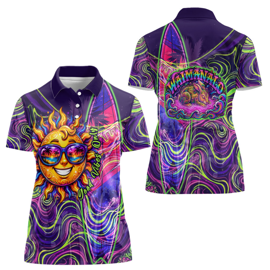 Waimanalo Hawaii Sun Rabbit Women Polo Shirt Psychedelic Trippy Neon Swirl Graphic