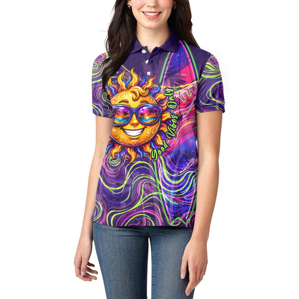 Waimanalo Hawaii Sun Rabbit Women Polo Shirt Psychedelic Trippy Neon Swirl Graphic