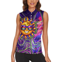 Waimanalo Hawaii Sun Rabbit Women Sleeveless Polo Shirt Psychedelic Trippy Neon Swirl Graphic